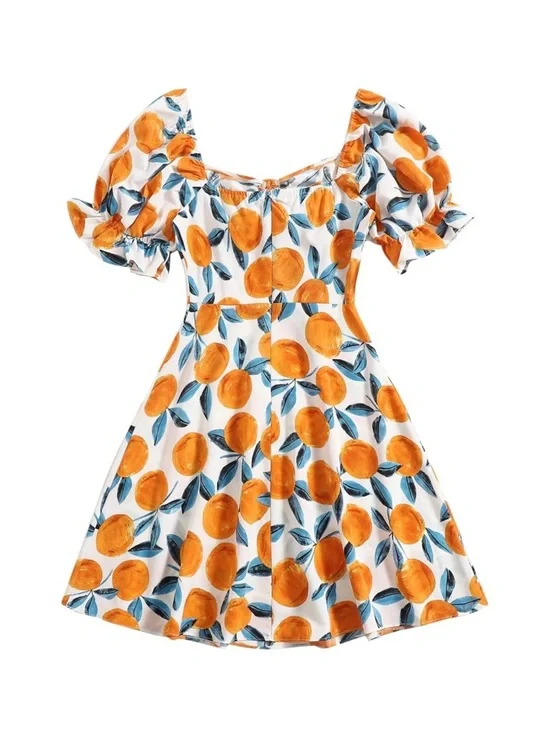 Women’s Orange Print Puff-Sleeve Summer Dress - Picture 2 of 6